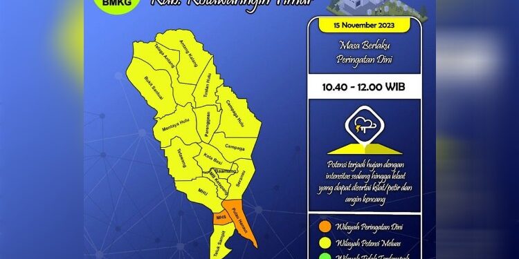 FOTO: BMKG/MATA KALTENG - Peta peringatan dini cuaca wilayah Kotim, 15 November 2023.
