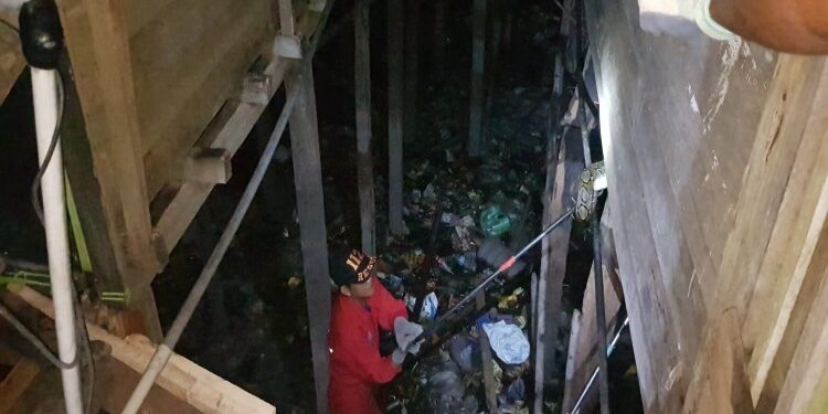 FOTO: IST/MATAKALTENG - Tim penyelamatan DPKP Palangka Raya saat mengevakuasi ular piton di Jalan Mendawai.