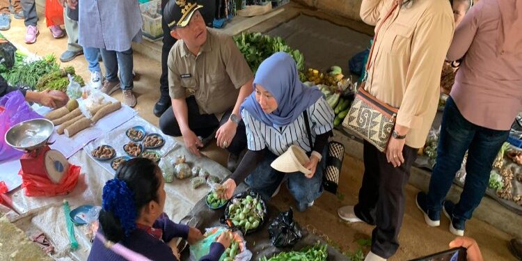 FOTO: MAKALTENG - Pj Bupati Barsel bersam Ketua TP. PKK saat melihat langsung harga jual pangan di pasar kota Buntok.
