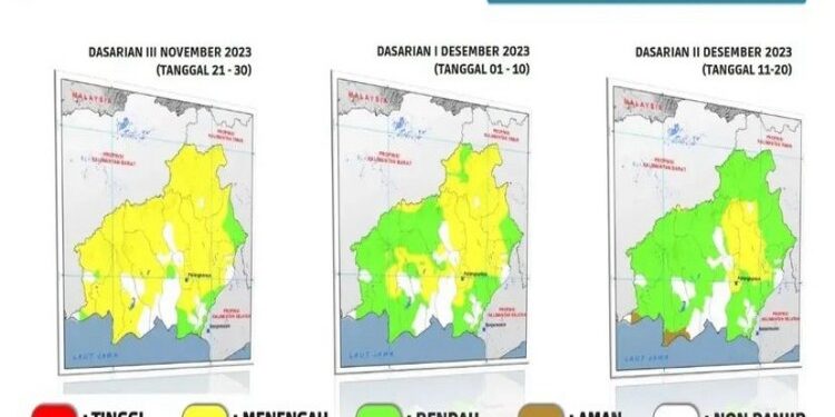 Foto:BMKG/MATA KALTENG - Peta potensi banjir per dasarian wilayah Kalteng.
