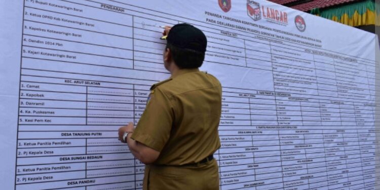 FOTO: GALIH/MATAKALTENG
- Pj Bupati Kobar saat menandatangani kesepakatan Pilkades Damai di halaman Kantor Bupati Kobar, belum lama ini.
