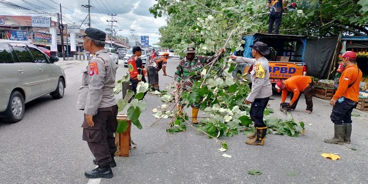 FOTO: RZL/MATAKALTENG - Jajaran Bhabinkamtibmas bersama Satgas Penanggulangan Bencana, pada saat memangkas pohon di Jalan Rajawali.