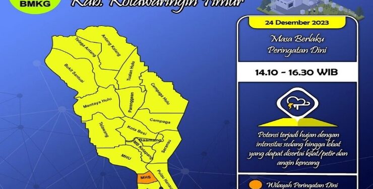 FOTO : BMKG/MATA KALTENG - Peta peringatan dini cuaca wilayah Kotim, Minggu 24 Desember 2023.