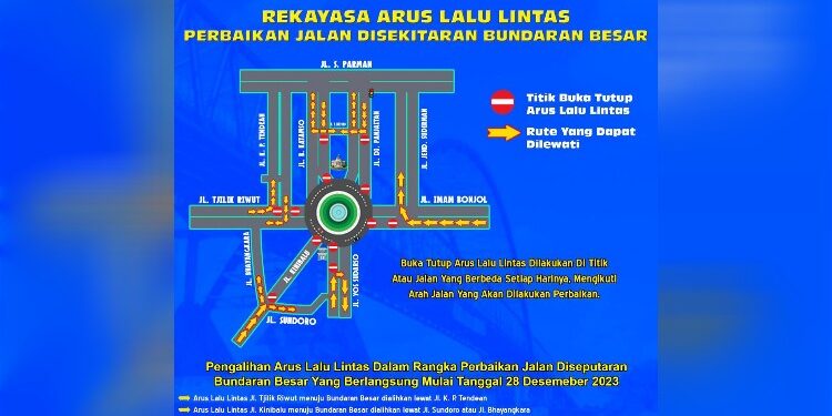 FOTO: MATAKALTENG - Informasi rekayasa lalu lintas selama perbaikan jalan di seputaran Bundaran Besar.
