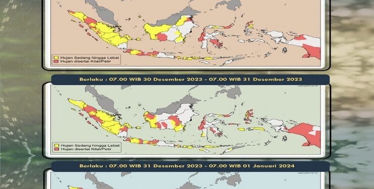 FOTO : BMKG/MATA KALTENG - Peta peringatan dini cuaca 30-31 Desember 2023.