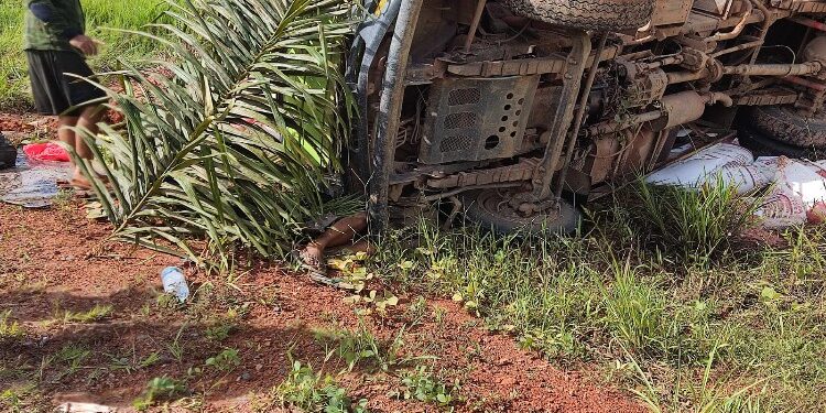 FOTO: IST/MATA KALTENG - Supir truk muatan pupuk diduga meninggal usai terjepit kendaraan saat mengalami laka tunggal. Rabu, 3 Januari 2024.