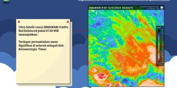 FOTO: BMKG/MATA KALTENG - Pantauan citra satelit pertumbuhan awan hujan di Kotim, Sabtu 13 Januari 2024.