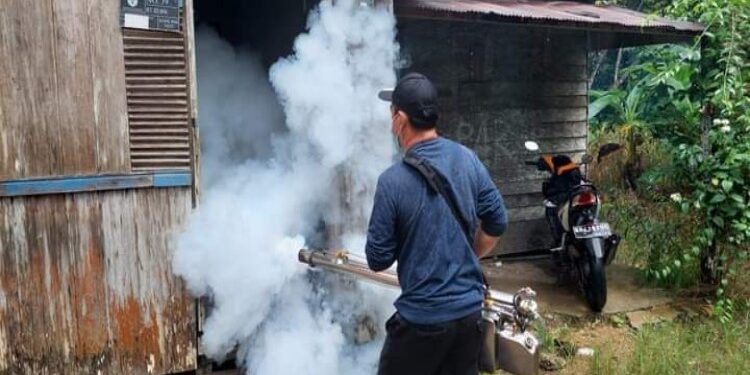 FOTO : DINKES GUNUNG MAS/MATA KALTENG - Petugas Puskesmas Tewah melakukan fogging di rumah warga, di Kelurahan Tewah, Kecamatan Tewah, belum lama ini.
