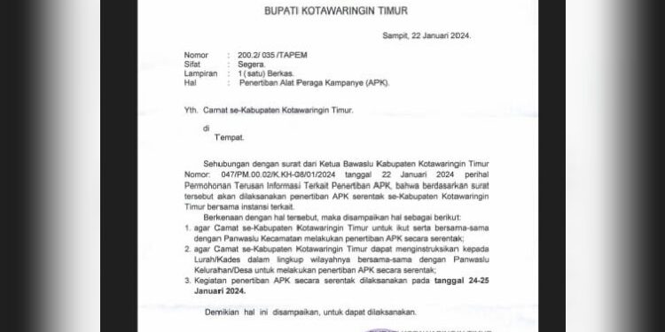 FOTO: MATAKALTENG - Surat edaran Bupati Kotim terkait penertiban APK.