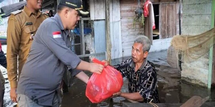 FOTO: IST/MATAKALTENG - Pj Bupati Barsel, Deddy Winarwan saat memberikan sembako bagi warga yang terdampak banjir.