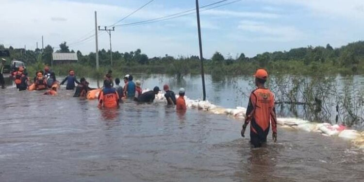 FOTO: IST/MATAKALTENG- Ruas jalan di desa Lembeng Kecamatan Dusun Selatan Kabupaten Barsel yang oleh petugas BPBD di pasang tanggul.