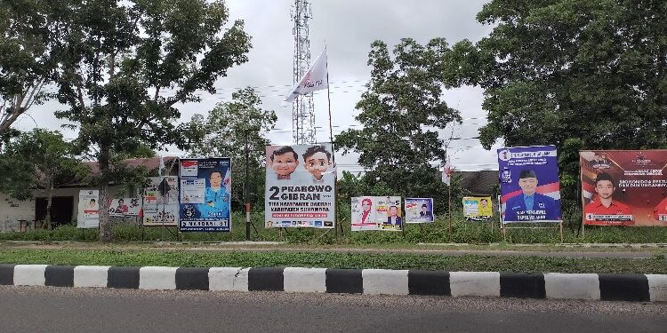FOTO: AKH/MATAKALTENG - APK yang terpasang di sepanjang jalan protokol berdempetan dengan pohon-pohon milik Pemda Sukamara.