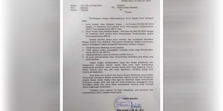 FOTO: IST/MATAKALTENG - Surat teguran yang dikeluarkan Pemerintah Kecamatan Maliku untuk Kepala Desa Sidodadi.