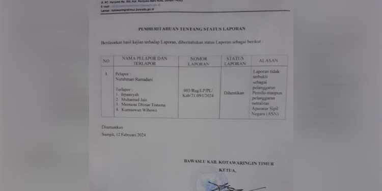 FOTO: IST/MATAKALTENG - Hasil Penanganan terakhir dugaan ASN tidak netral, Selasa 13 Februari 2024.