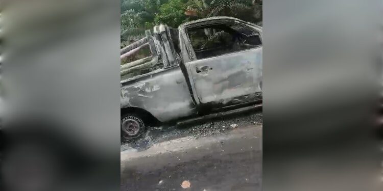 FOTO: IST/MATA KALTENG - Mobil yang terbakar di KM 27, Jalan Jenderal Sudirman, Kecamatan MB Ketapang.