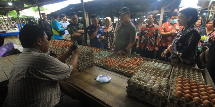FOTO: MATAKALTENG - Pj Bupati Barsel Deddy Winarwan bersama jajaran Forkopimda saat memantau harga bahan pangan dan sembako di Pasar subuh,Saik dam Plaza Beringin Kota Buntok.