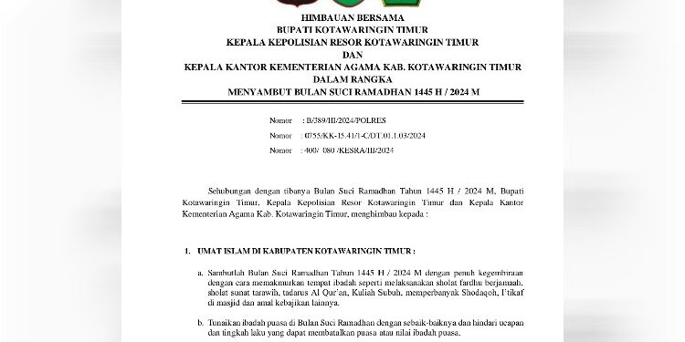 FOTO: MATAKALTENG - Surat Edaran yang dibuat oleh Pemkab Kotim, Polres dan Kemenag Kotim.