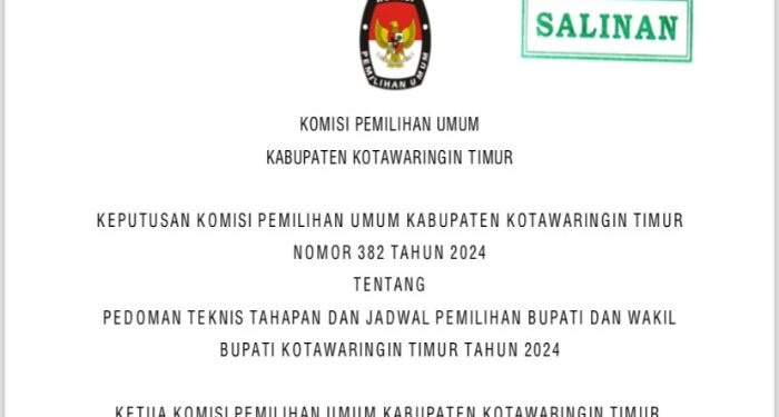 FOTO: IST/MATA KALTENG - Tangkapan layar putusan KPU Tentang Pedoman Teknis Tahapan dan Jadwal Pemilihan Bupati dan Wakil Bupati Kotim tahun 2024.