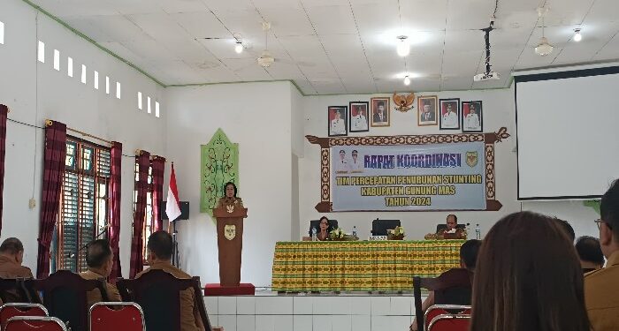 FOTO : DISKOMINFO SANTIK/MATA KALTENG - Wakil Bupati Gumas Efrensia LP Umbing didampingi Kepala Bapperida Yantrio Aulia dan Kepala DP2KBP3A Rina Sari, memberikan arahan pada kegiatan rakor TPPS, di aula kantor Kecamatan Kurun, Senin, 30 April 2024.
