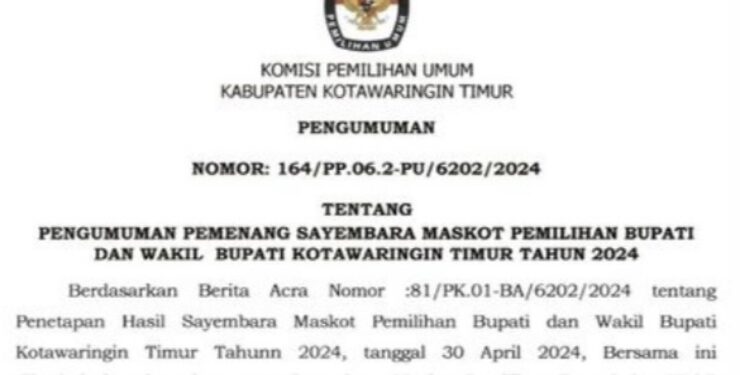 FOTO : IST/MATA KALTENG - Keputusan KPU Kotim Tentang Pemenang Sayembara Maskot Pilkada Kotim 2024.