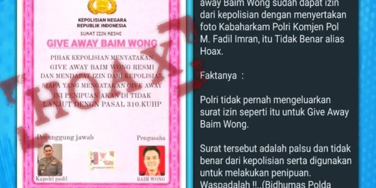 FOTO: MATAKALTENG - Surat izin Give Away Baim Wong Hoaks.