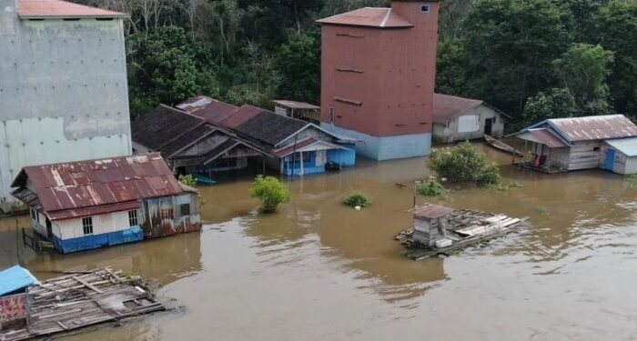 Foto:BPBD/MATA KALTENG - Banjir yang merendam rumah penduduk di Desa Bajarau, Kecamatan Mentaya Hulu, Kotim.