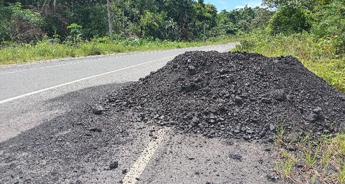 FOTO: SID/MATA KALTENG - Tumpukan batu bara yang dibuang di pinggir jalan Kuala Kurun-Palangka Raya, tepatnya di Desa Petak Bahandang, Kecamatan Kurun, Senin, 20 Mei 2024.