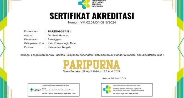 FOTO : MATAKALTENG - Sertifikat akreditasi Puskesmas Parenggean II.