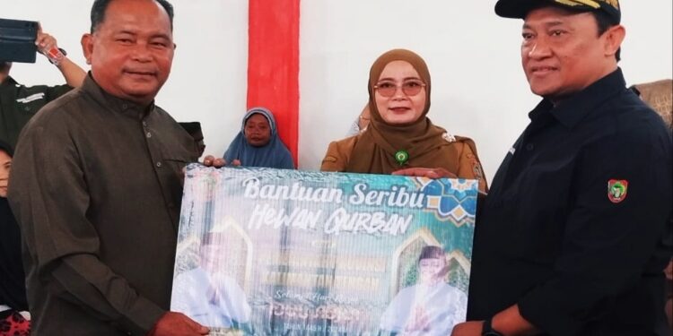 FOTO: IST/MATAKALTENG - Wagub Edy Pratowo Simbolis Serahkan Bantuan Hewan Kurban dan Paket Sembako Murah di Kabupaten Katingan.