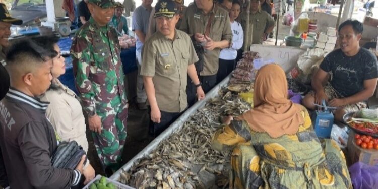 FOTO: IST/MATAKALTENG - Pj. Bupati Barsel Deddy Winarwan bersama Dandim 1012 buntok dan Kapolres Barsel saat di  Pasar Tabak Kanilan Kecamatan Gunung Bintang Awai.