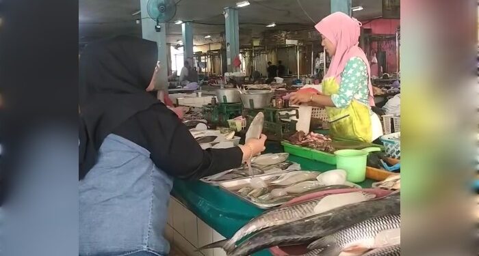 FOTO : IST/MATAKALTENG - Wakil Bupati Kotim Irawati saat berbelanja di pasar PPM Sampit, Selasa 18 Juni 2024.