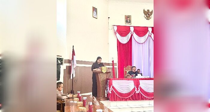 FOTO : DPRD GUMAS/MATA KALTENG - Juru bicara fraksi Partai Demokrat DPRD Kabupaten Gumas Neni Yuliani ketika menyampaikan pandangan umum terhadap Raperda Perubahan APBD tahun 2024, Senin, 29 Juli 2024.