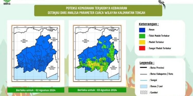 FOTO: IST/MATA KALTENG - Tangkapan Layar, Peta potensi kemudahan terjadinya kebakaran di wilayah Kalimantan Tengah.