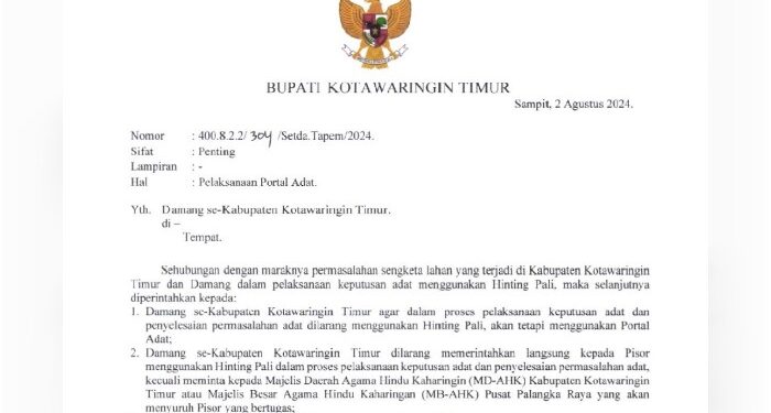 FOTO : MATAKALTENG - Surat edaran Bupati Kotim terkait larangan penggunaan Hinting Pali.