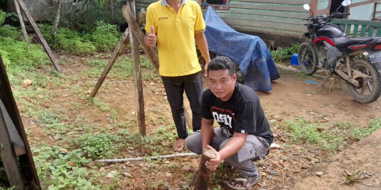 FOTO : BPN GUMAS/MATA KALTENG - Salah satu warga saat memasang tanda batas atau patok tanah di sekitar rumahnya, belum lama ini.