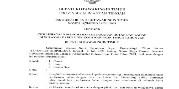 FOTO: IST/MATAKALTENG - Surat Instruksi Bupati Kotim terkait kesiapsiagaan bencana Karhutla.