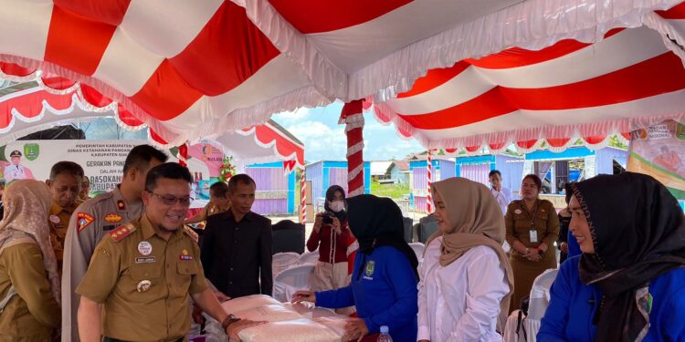 Foto : AKH/MATAKALTENG - Penjabat Bupati Sukamara Rendy Lesmana saat memantau pasar penyeimbang gerakan pangan murah di Pasar Saik.