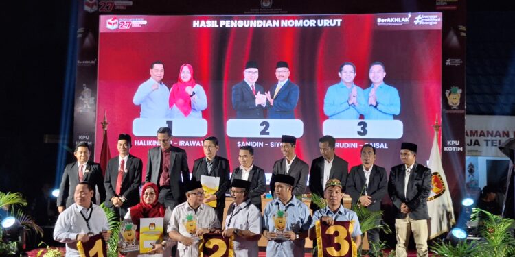 Foto:DIAN/MATA KALTENG - Jajaran KPU Kotim bersama paslon Pilkada Kotim usai pengundian nomor urut.