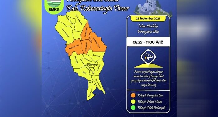 Foto:BMKG/MATA KALTENG - Peta wilayah Kotim yang masuk dalam peringatan dini cuaca.