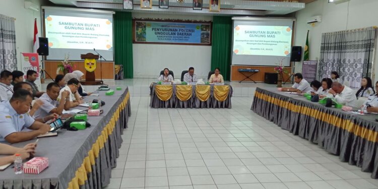 FOTO : DISKOMINFO SANTIK/MATA KALTENG - Staf Ahli Bupati Guanhin didampingi Kabid Riset dan Inovasi Vina Pasaribu, memberikan arahan dalam kegiatan ekspos penyusunan potensi unggulan daerah tahun 2024, di aula bapperida setempat, Rabu, 16 Oktober 2024.