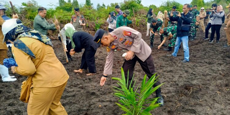 FOTO: MATAKALTENG - Kapolsek Rakumpit, pda Joko Susilo pada saat melakukan penanaman padi Gogo.
