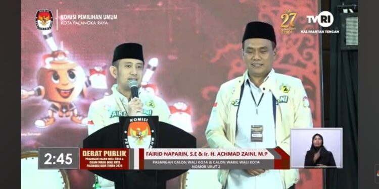 FOTO: MATAKALTENG - Calon Wali Kota dan Wakil Wali Kota Palangka Raya, Fairid- Zaini saat memaparkan visi dan misi di debat perdana calon wali kota dan wakil wali kota