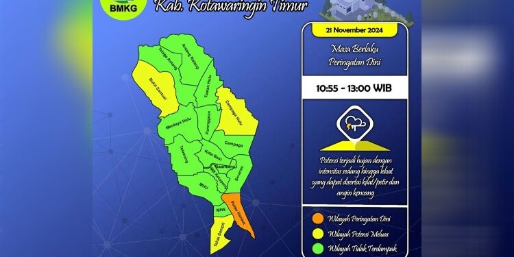 Foto:BMKG/MATA KALTENG - Peta peringatan dini cuaca di wilayah kabupaten Kotim, 21 November 2024.