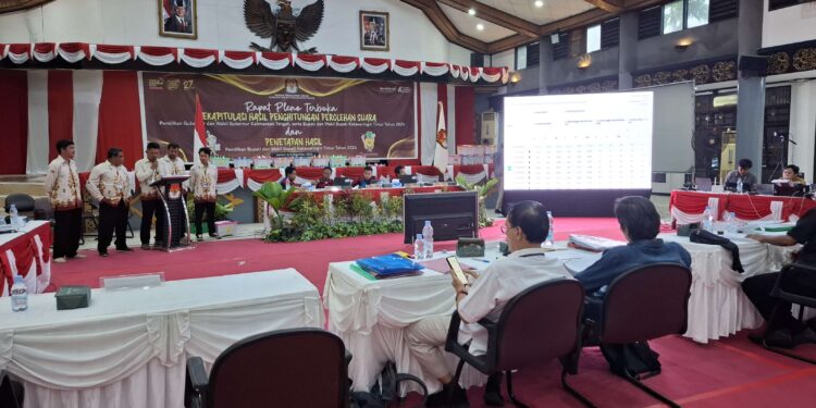 Foto: DIAN/MATA KALTENG - Rapat pleno terbuka rekapitulasi hasil penghitungan perolehan suara Pilkada 2024 tingkat Kabupaten Kotim, yang dihadiri oleh wakil ketua I DPRD Kotim, 4 Desember 2024.