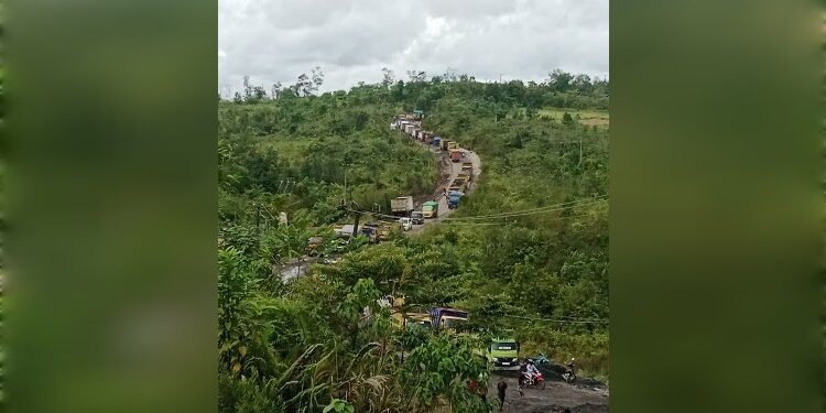 FOTO : WARGA/MATA KALTENG - Antrian panjang truk angkutan batu bara yang melintas di ruas jalan Kuala Kurun-Palangka Raya, tepatnya di wilayah Penda Linda, Kecamatan Kurun, Rabu, 29 Januari 2025.