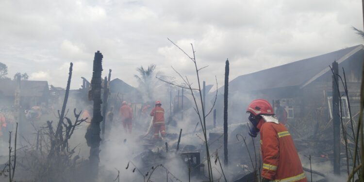 FOTO: AGUS/MATAKALTENG- Terlihat petugas pemadam kebakaran sedang memadamkan api yang melahap rumah warga di Jalan Mucran Ali, Kecamatan Bamaang, Jumat, 31 Januari 2025.