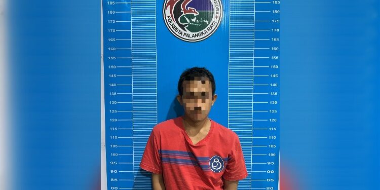 FOTO: MATAKALTENG - Terduga pelaku MS pada saat diamankan di Mapolresta Palangka Raya.