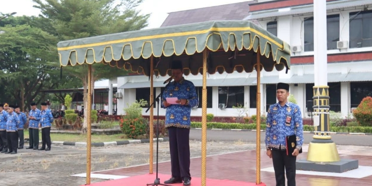 FOTO: PROKOM SERUYAN/MATA KALTENG - Pj Bupati Seruyan, Djainuddin Noor saat memberikan arahan pada saat apel HKN di Halaman Kantor Bupati Seruyan, Senin 17 Februari 2025.