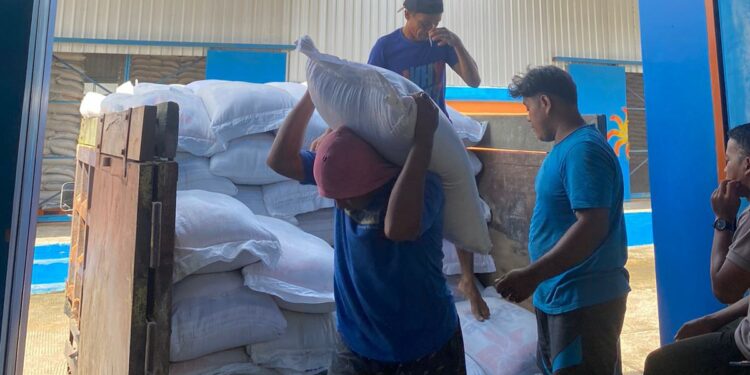 Foto:DOK/MATA KALTENG - Kegiatan bongkar muat beras di Bulog Sampit.