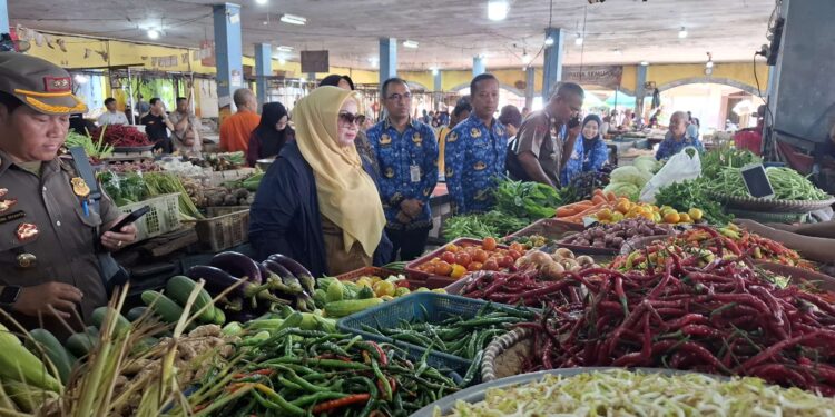 Foto: DIAN/MATA KALTENG - Wakil Bupati Kotim Irawati saat sidak harga pasar di PPM Sampit, 17 Maret 2025.